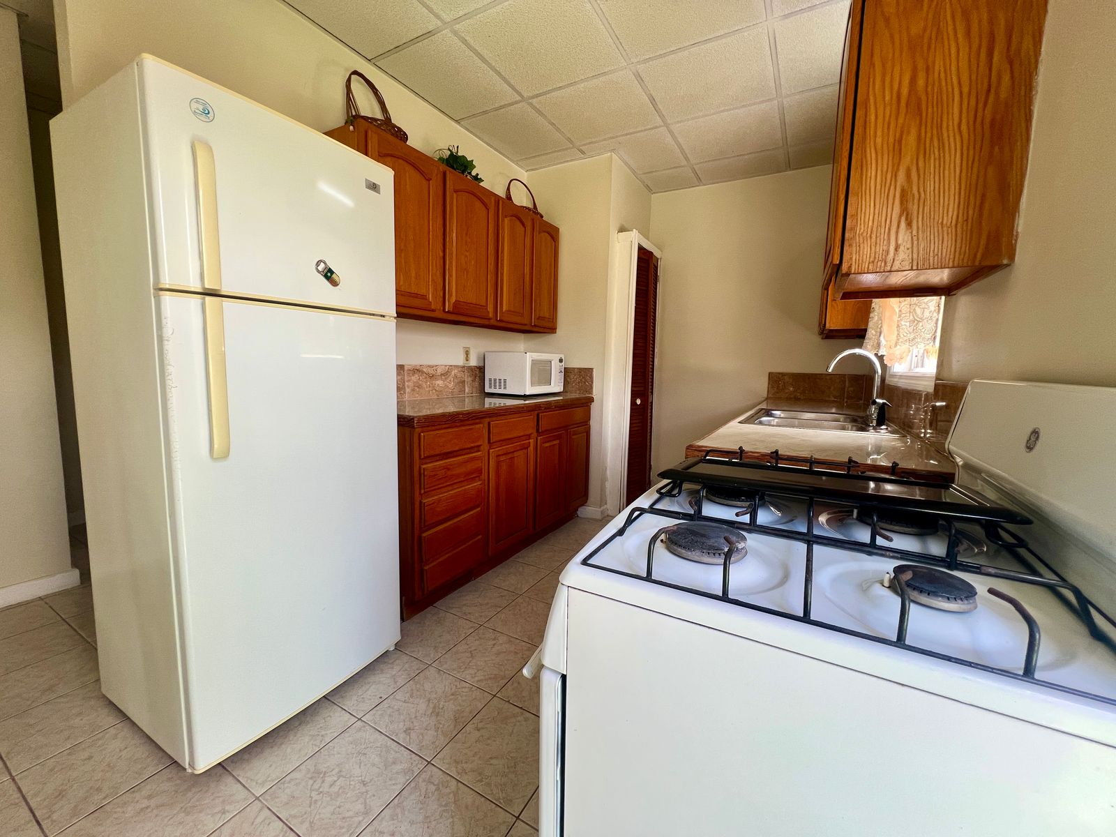 Fully equipped kitchen with sleek design in Emerald Breeze Cottage.